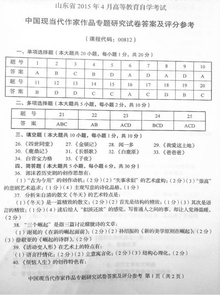 贵州省2015年04月自学考试00812中国现当代作家作品研究