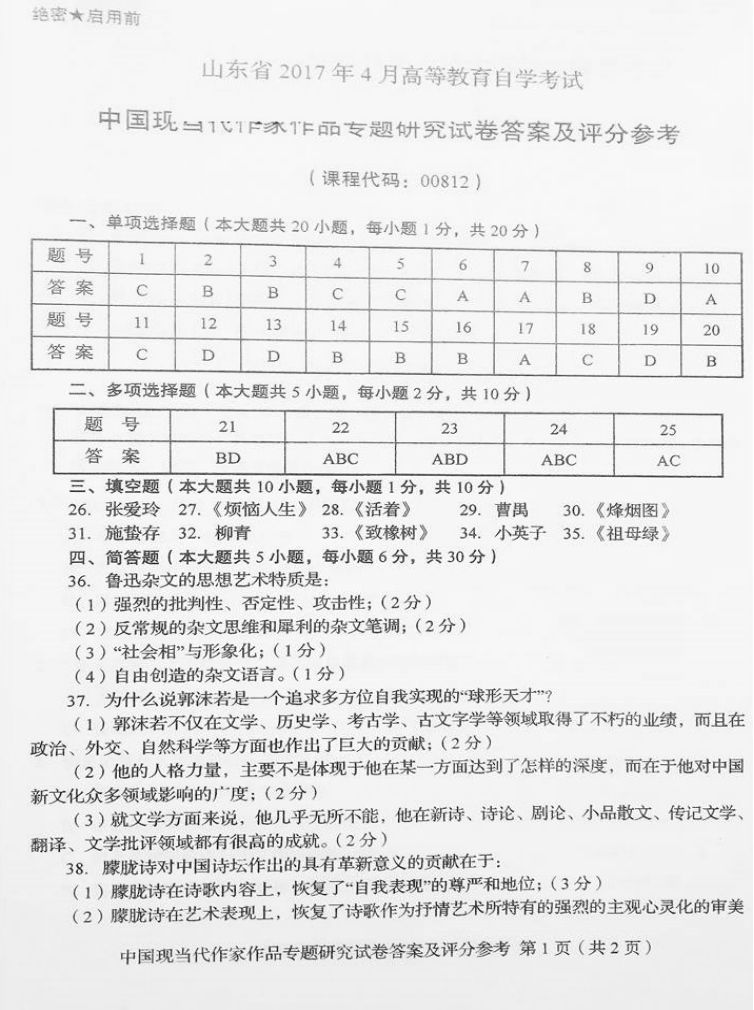 贵州省2017年04月自学考试00812中国现当代作家作品研究