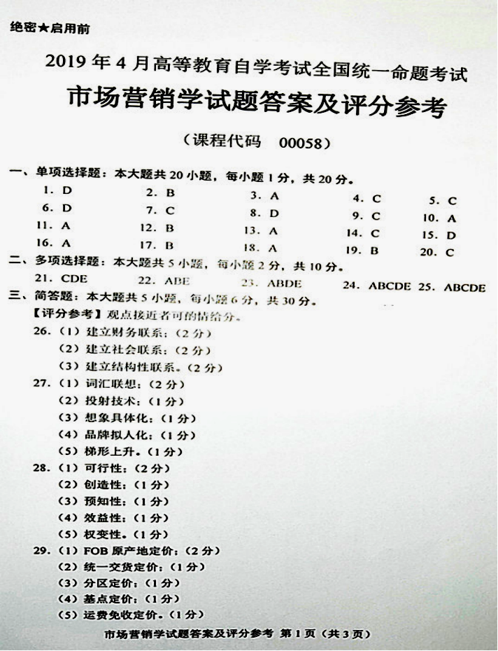 贵州省2019年04月自考00058市场营销学真题及答案