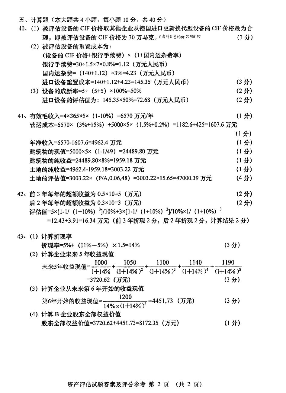 2016年04月贵州自考00158资产评估试题及答案