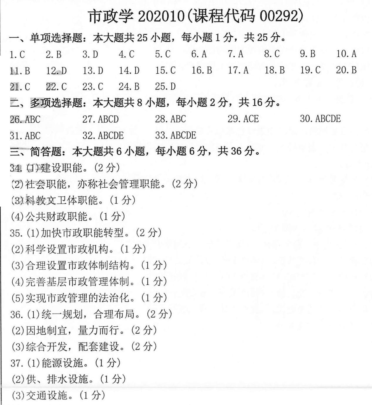 贵州省2020年10月自学考试市政学试题及答案