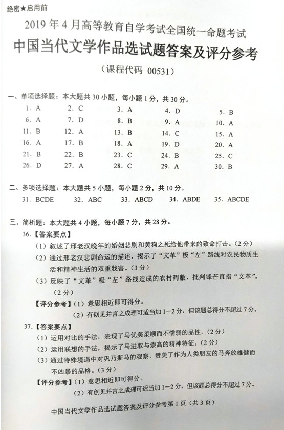 贵州省2019年04月自学考试00531中国当代文学作品选真题及答案