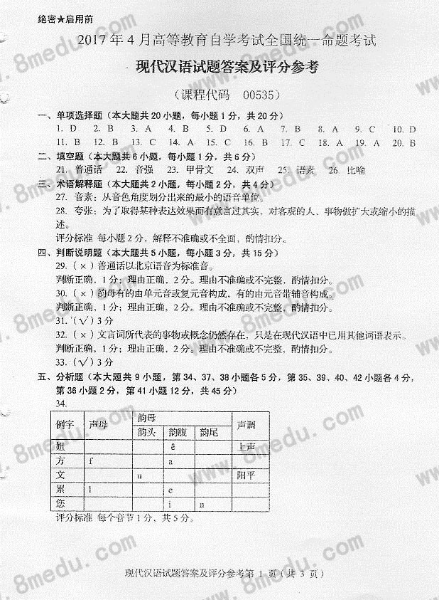 2017年04月贵州自考00535现代汉语真题及答案